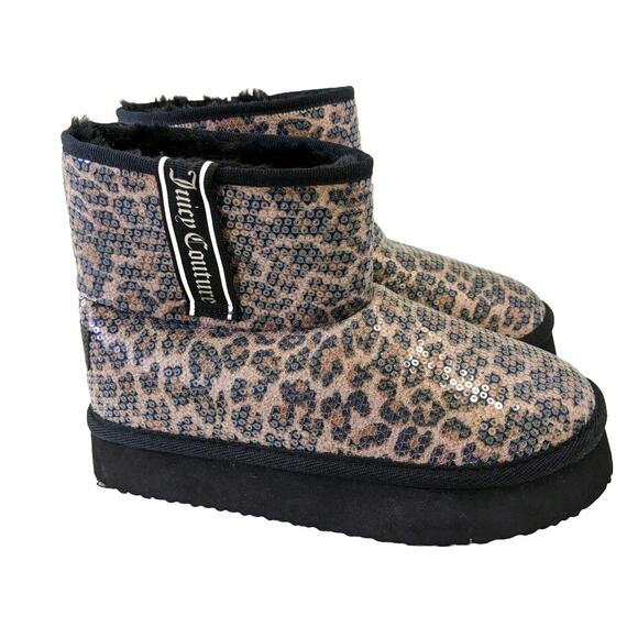 Juicy Couture Sequin Leopard Cheetah Print Platform Fur Lined Boots 5.5 5 1/2 - Picture 1 of 8